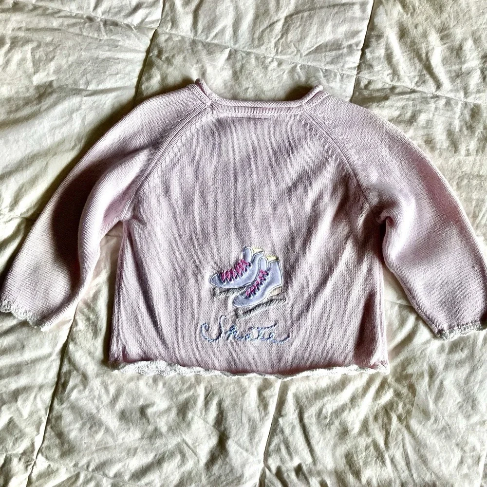Vtg Embroidered Sweater 3D Girls Ice Skating Pink 2T Cotton Ramie Winter Snow